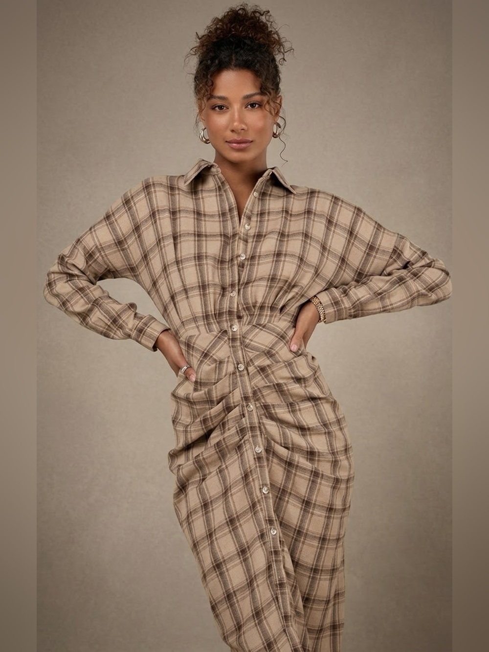 Lulus Plaid Collared Button Front Ruched Woven Midi Shirt Dress Size M